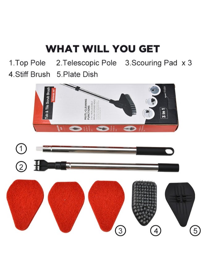 PAACHU Floor Scrub Brush, 2-In-1 Tile Tub Floor Scrubber with  Adjustable Long Handle Shower Cleaner Brush and 3 Detachable Replacement Scrubber Heads for Cleaning Bathroom Kitchen Walls Tub Tile - Image 3